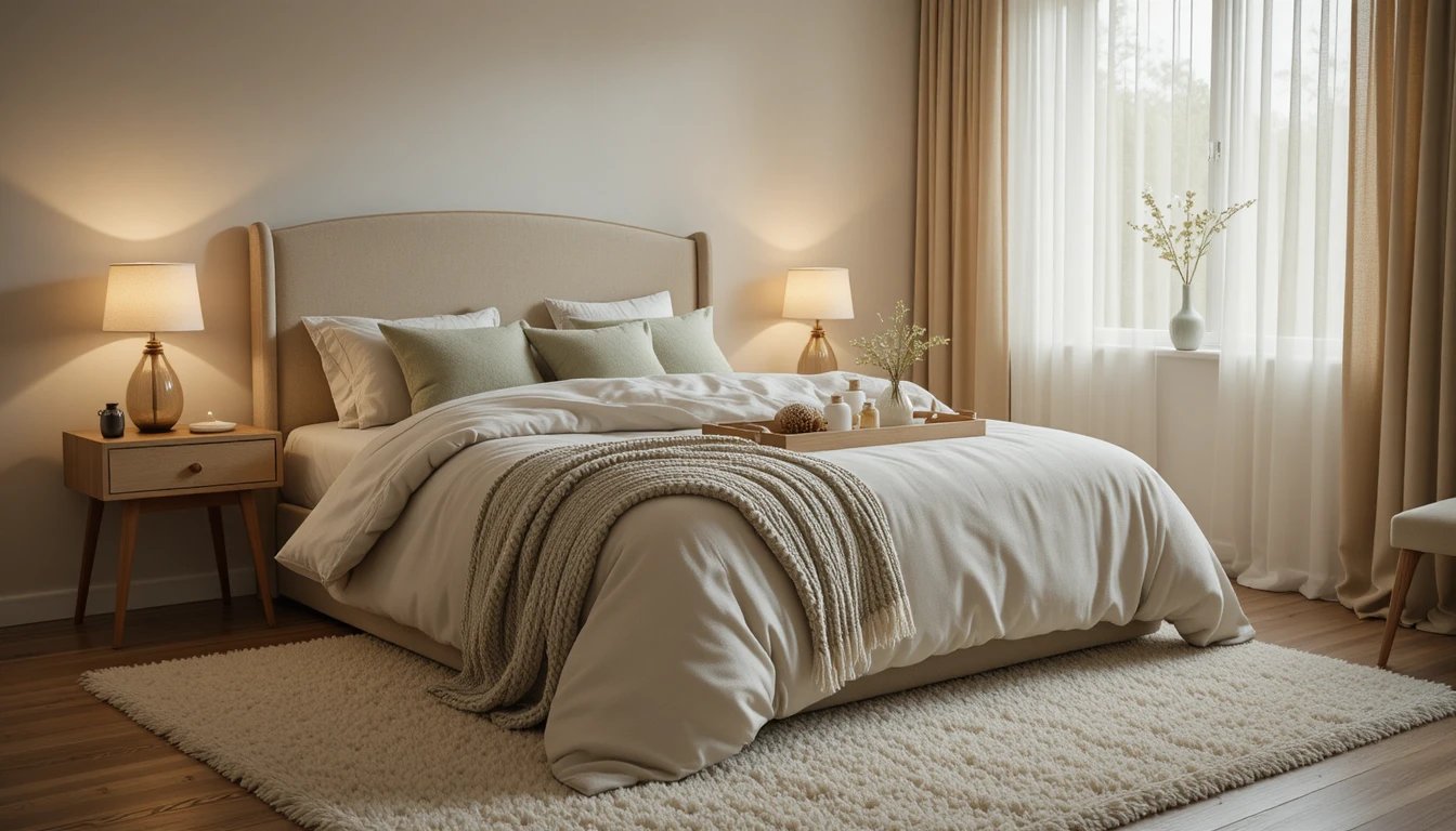 cozy bedroom with layered linen bedding in warm ivory and soft sage, a chunky knit throw draped over