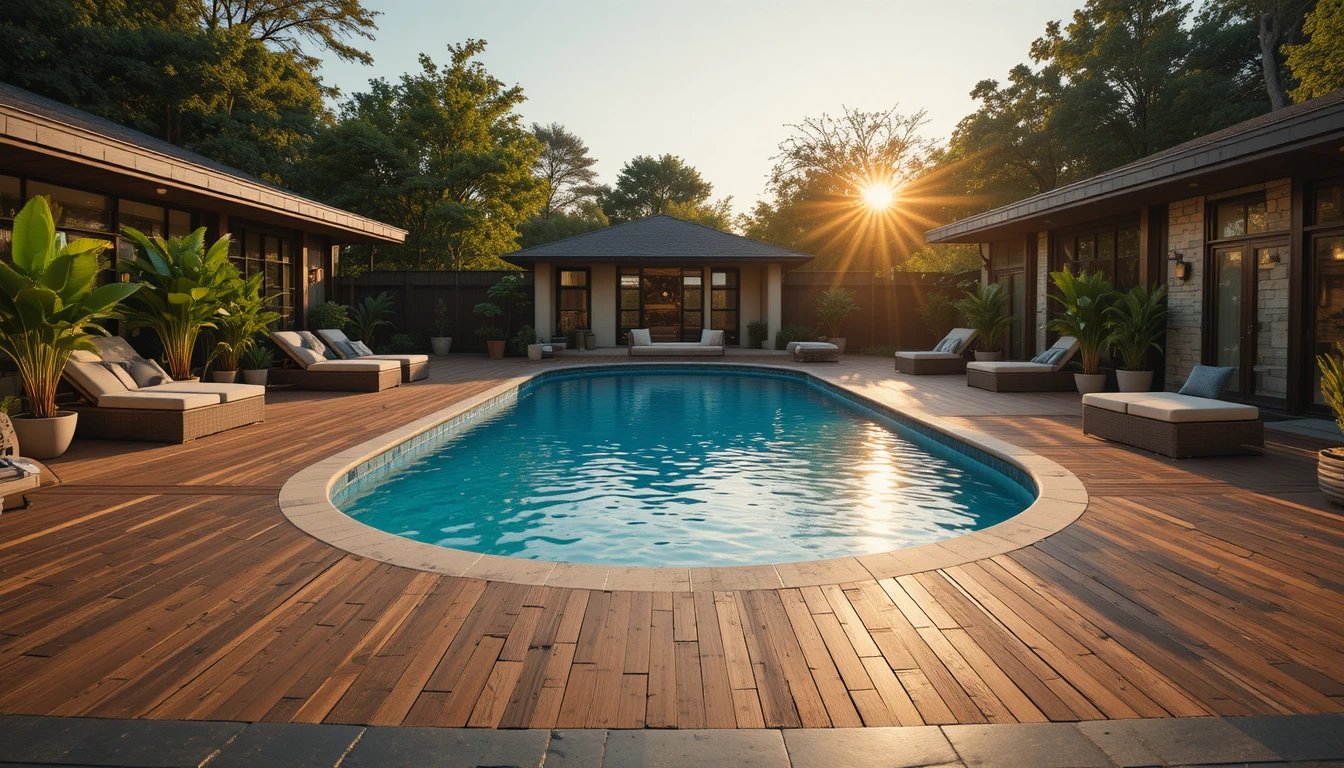 Cinematic luxury backyard scene featuring a fully transformed above ground pool with a beautifully d