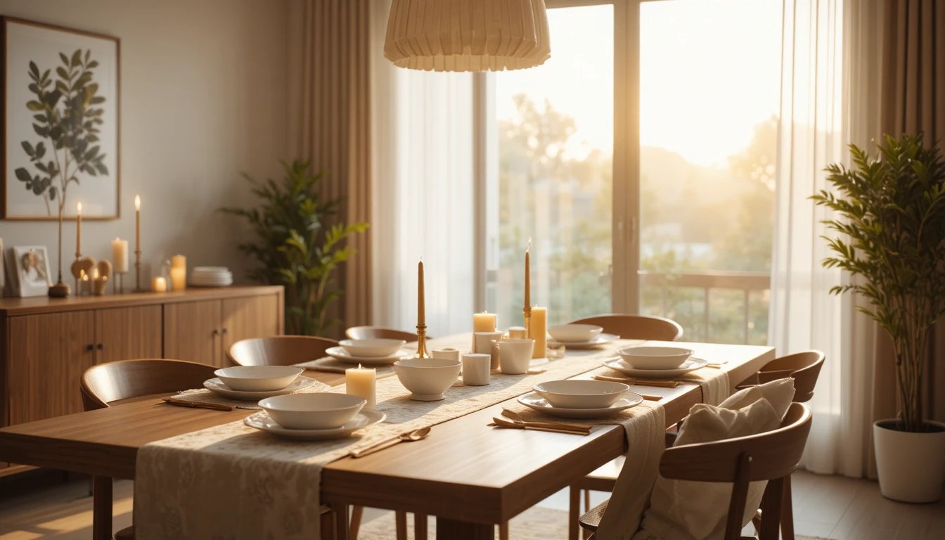 A cozy modern dining room interior with warm golden hour lighting, wooden dining table