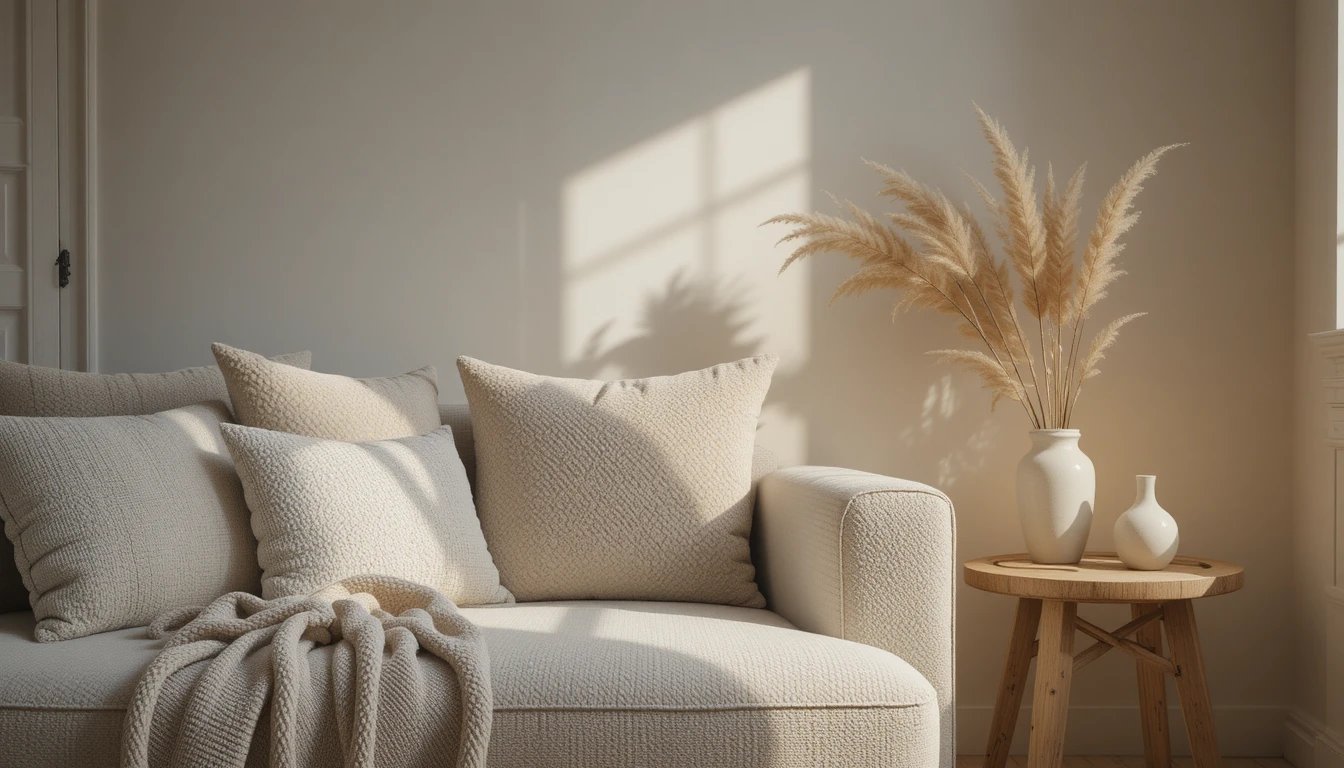 Aesthetic close-up of a cozy minimalist living room corner, soft neutral tones, plush sofa with text
