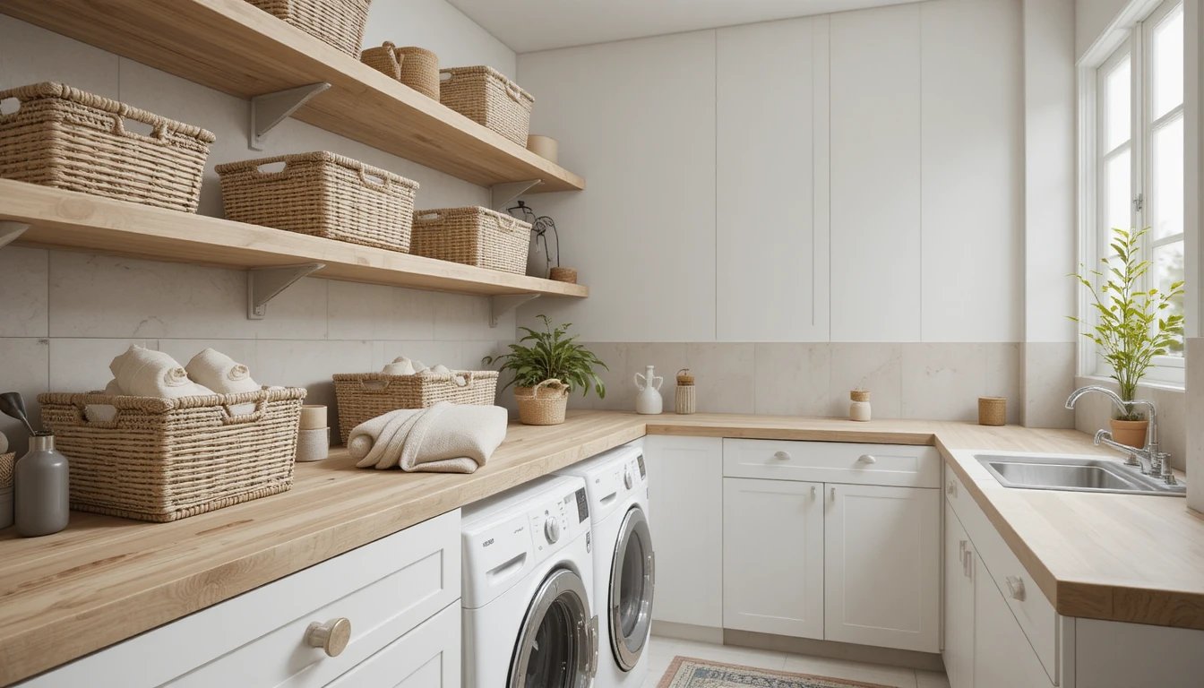 A minimalist laundry room with layered textures including light wood shelves