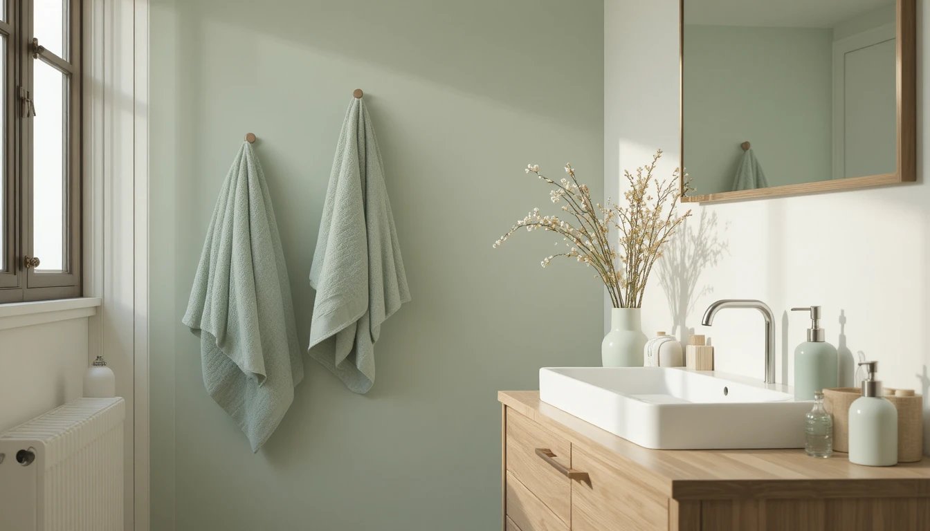 A minimalist bathroom scene with a cohesive color palette of cream, sage green, and warm wood tones,