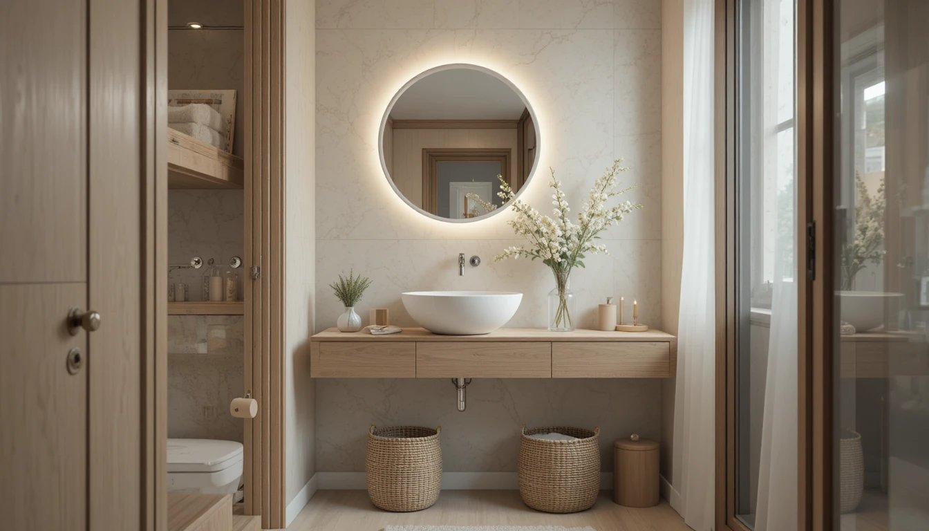 Aesthetic tiny bathroom designed for modern apartment living, compact yet luxurious space, floating 