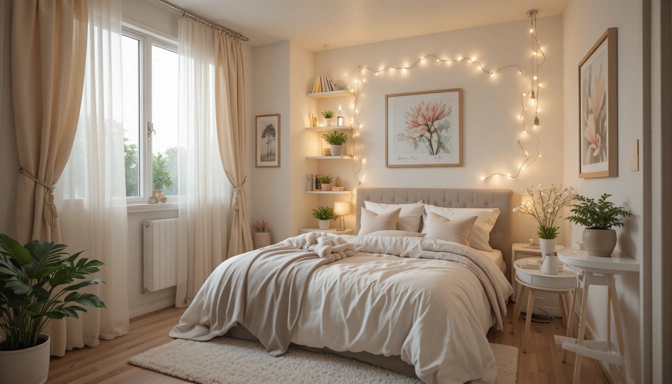 A dreamy small bedroom designed for a tiny space, soft neutral color palette with white, beige,