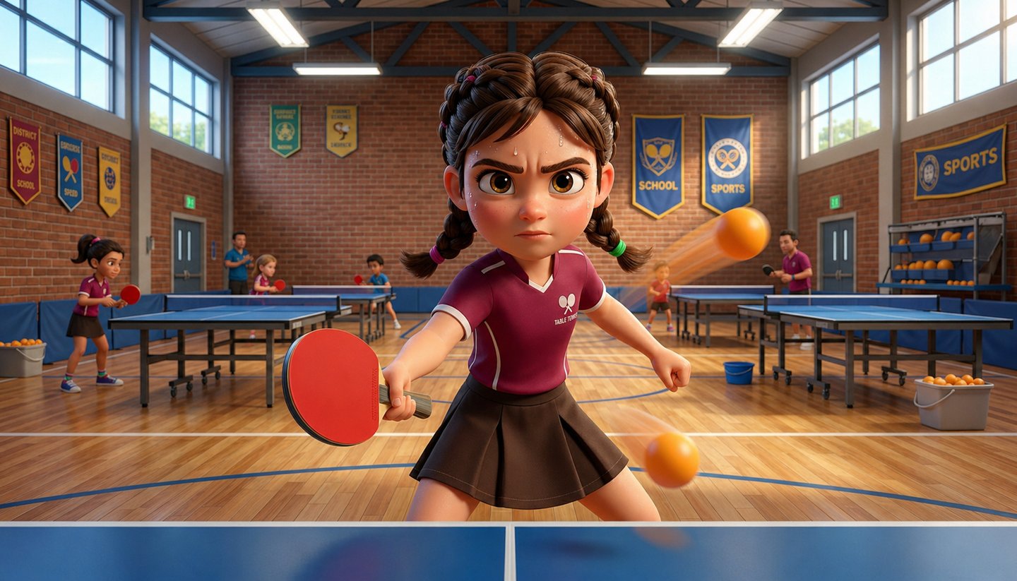 A determined young girl playing table tennis in a school gym with several ping pong tables.