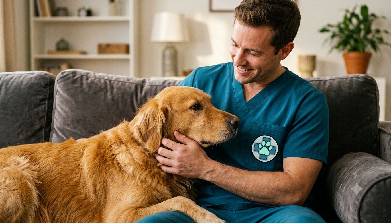 A smiling male in blue scrubs petting a Golden Retriever dog on a gray sofa.