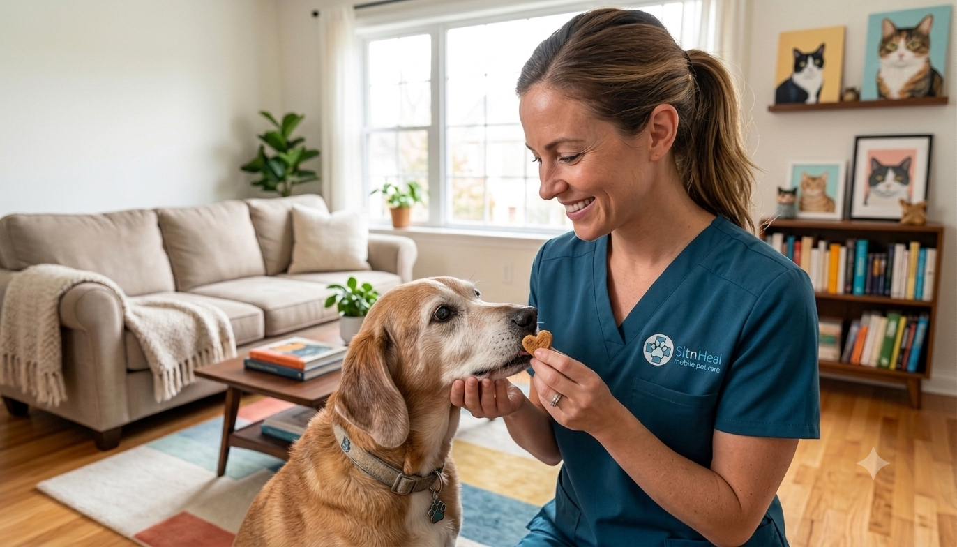 Smiling woman wearing blue giving a heart-shaped treat to a senior dog in a living room