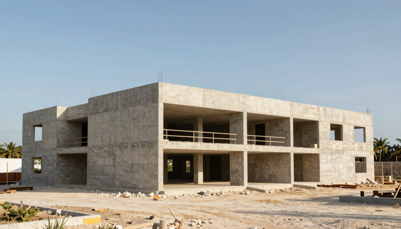 Un edificio de hormigón de varias plantas en construcción, con estructura de madera a la vista