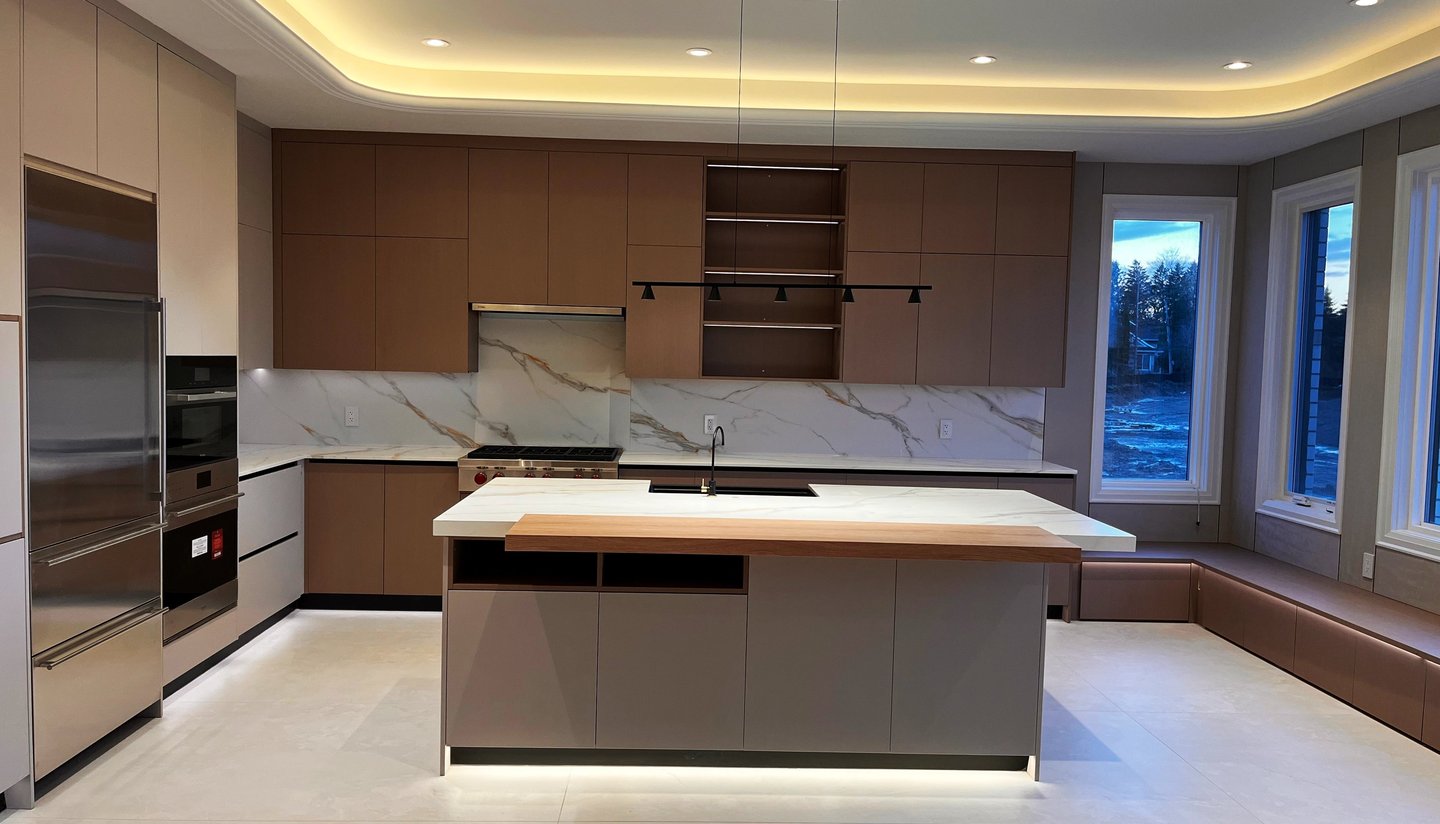 Modern luxury kitchen featuring minimalist flat-panel cabinets, marble backsplash, and large island with cove lighting.
