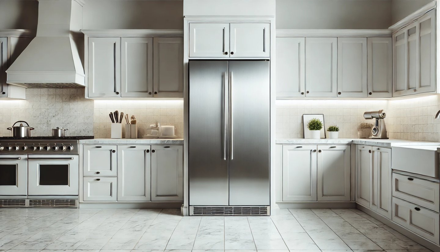 a kitchen with a refrigerator and freezer