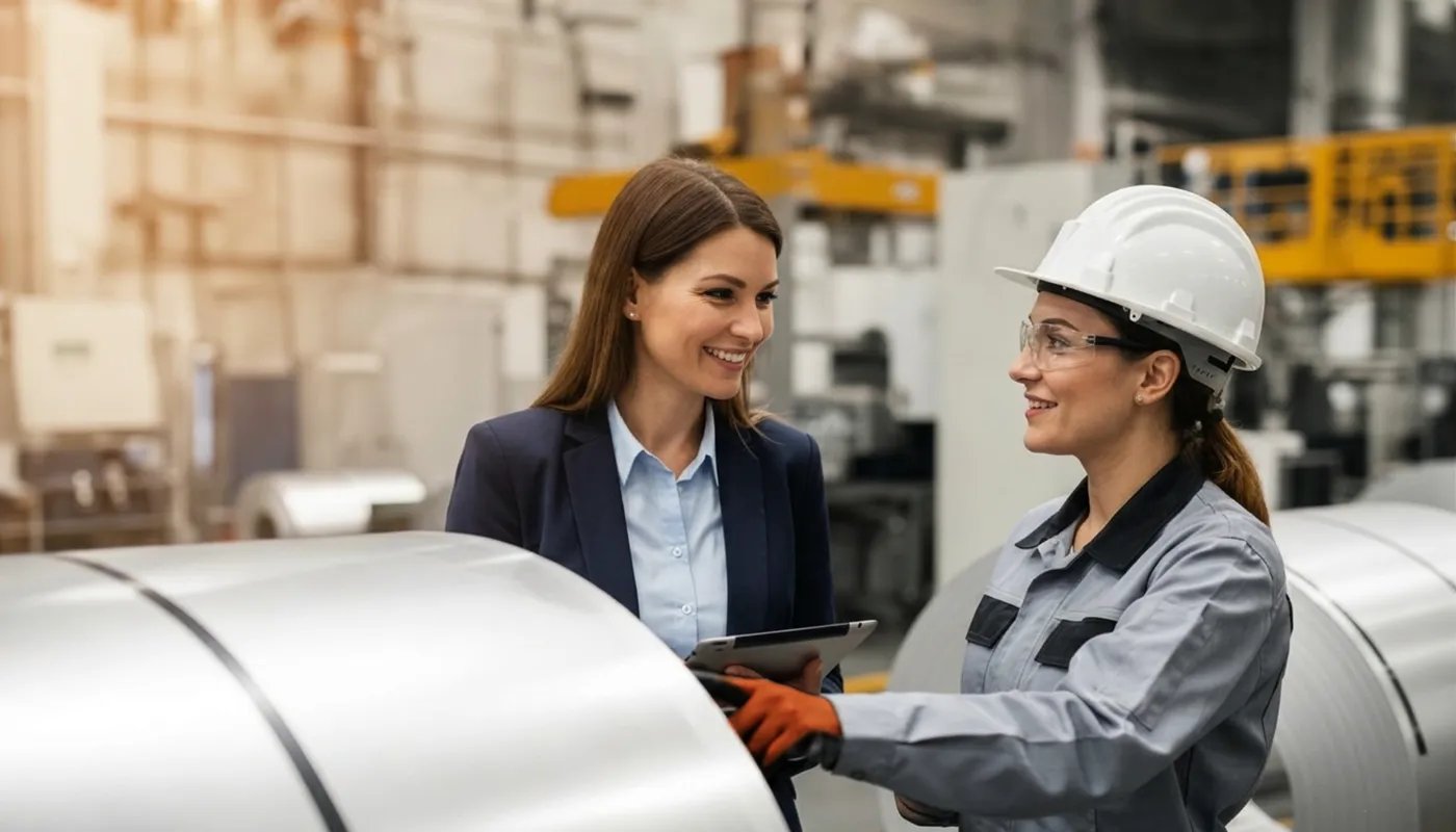 Smiling female engineer and manager discussing steel manufacturing production in a modern factory.