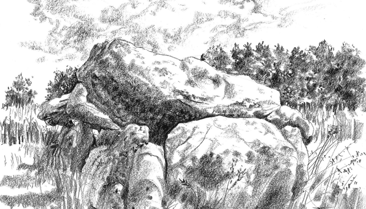 Dessin de paysage à la pierre noire représentant des rochers en Bretagne