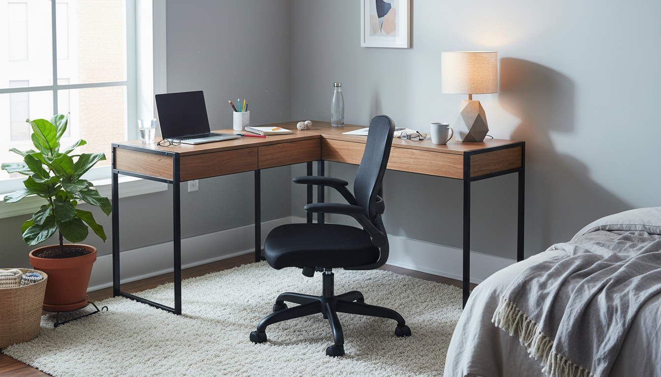 Modern L-shaped wooden corner desk with a black ergonomic office chair in a bright home office.