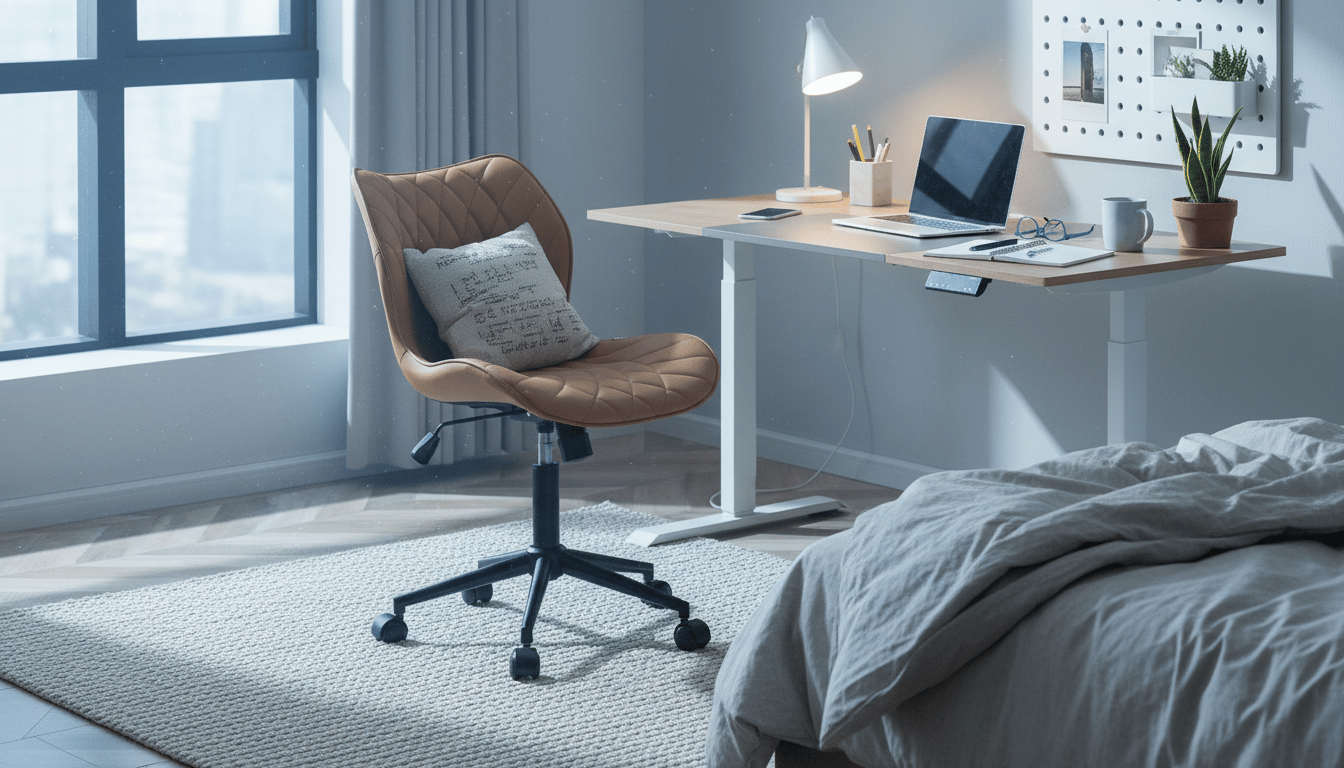 Modern home office with a brown leather desk chair and an adjustable standing desk in a bright bedroom.