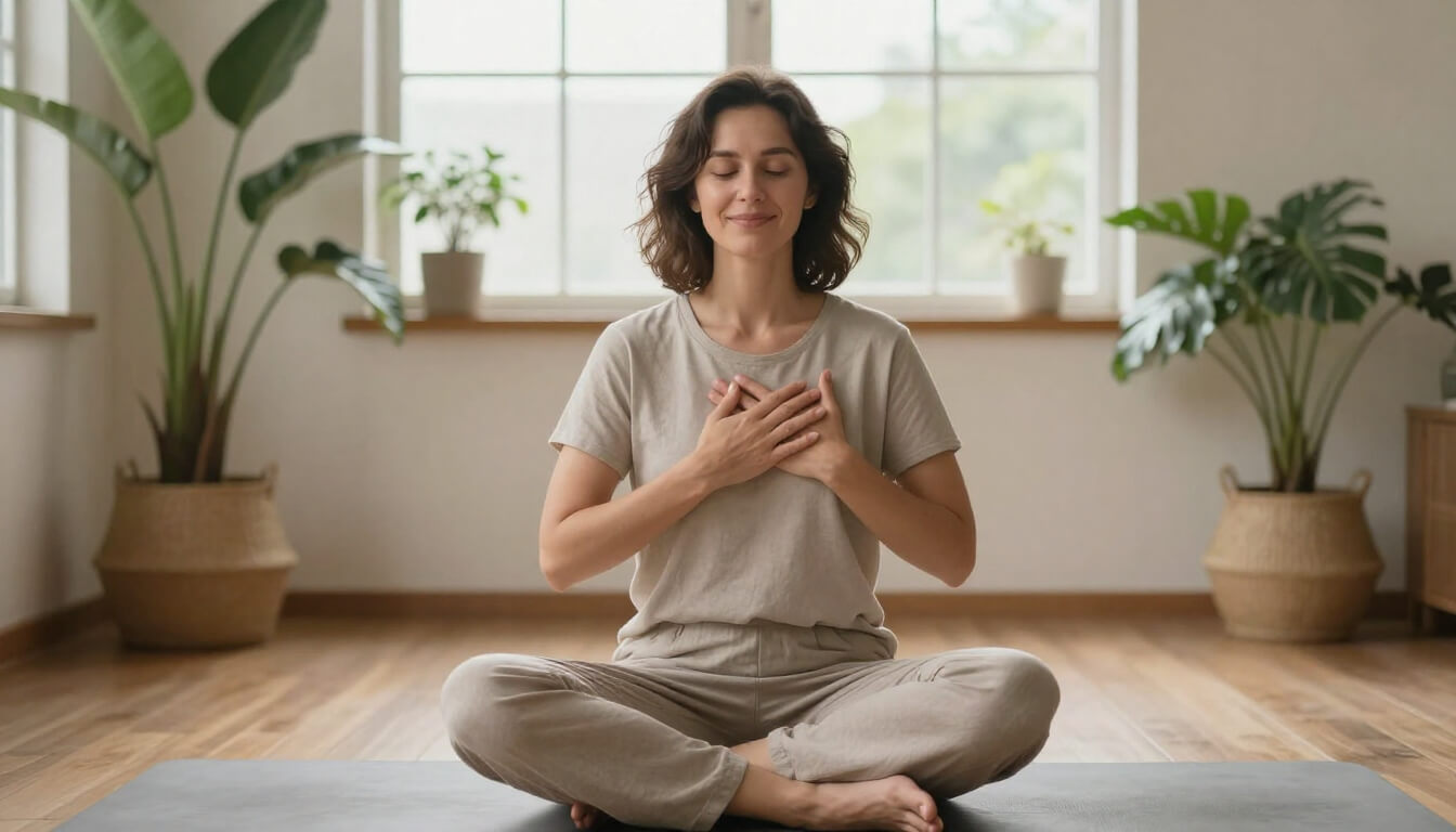 Woman practicing morning gratitude meditation with hand on heart at sunrise