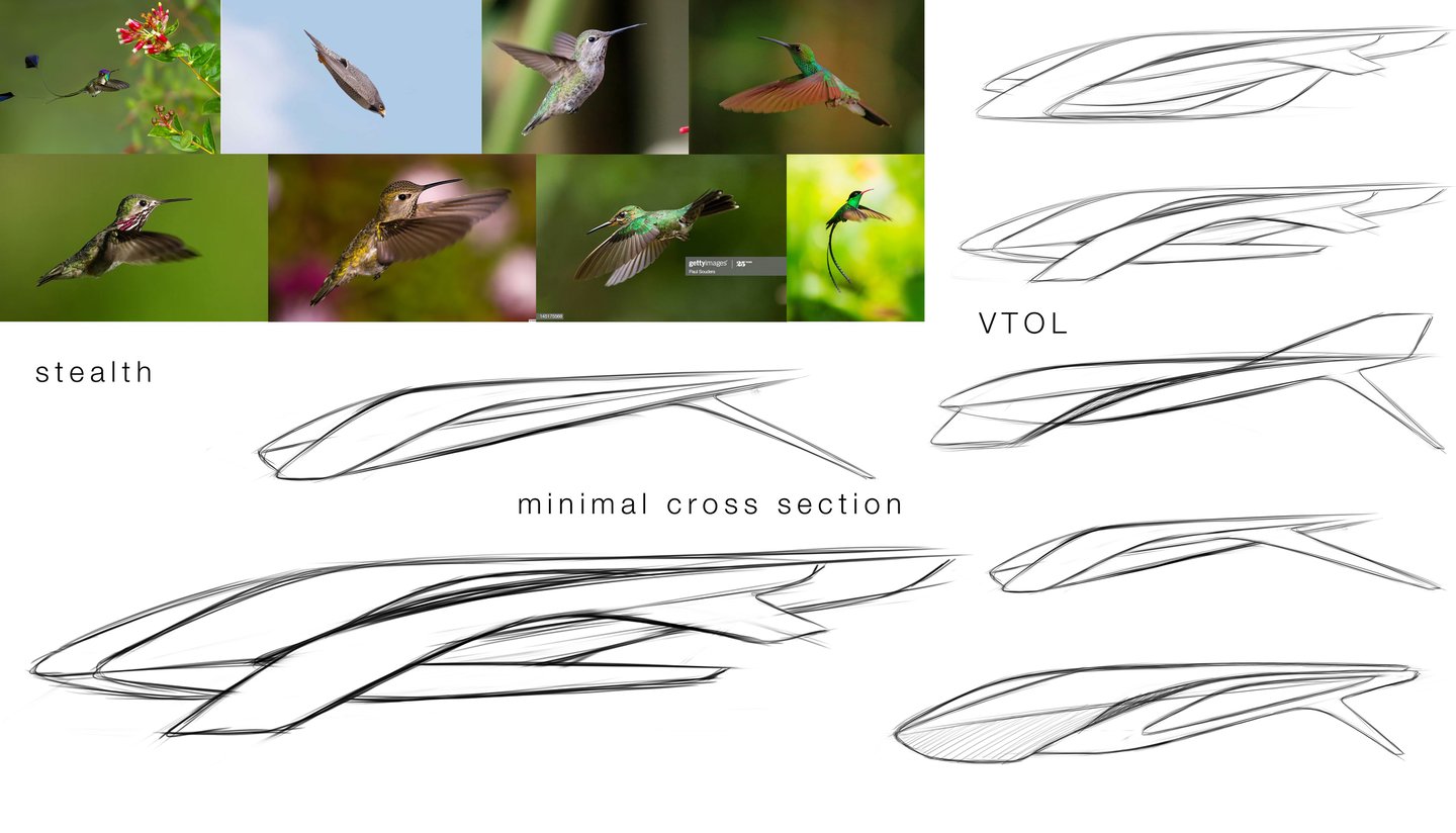 futuristic helicopter drone concept inspired by hummingbird, biomimicry, aviation design, VTOL
