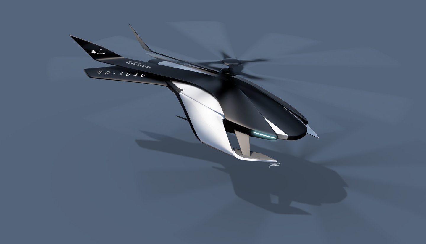 futuristic helicopter drone concept inspired by hummingbird, biomimicry, aviation design, VTOL