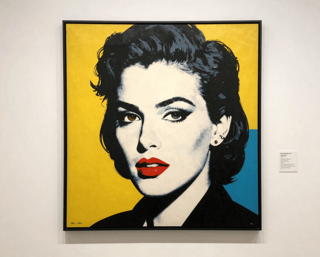 Warmly lit gallery interior showcasing vibrant paintings and sculptures with visitors engaging closely.