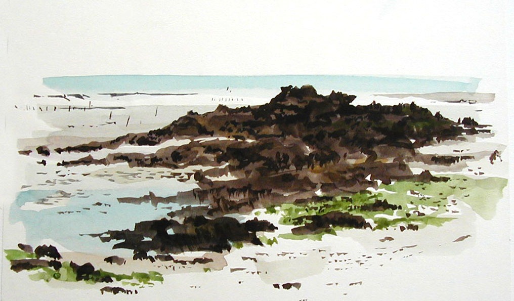 Dessin de paysage à l'aquarelle représentant des rochers en Bretagne