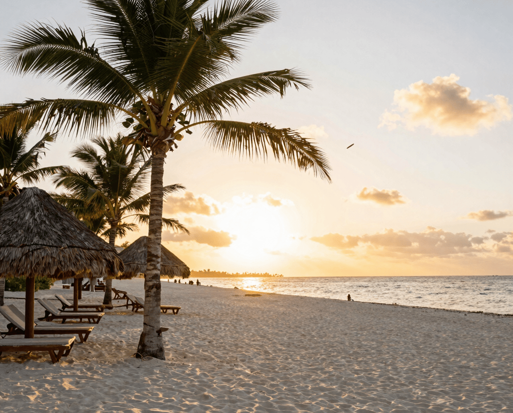 Tropical beach sunset with palm trees, thatched umbrellas, and lounge chairs on white sand.
