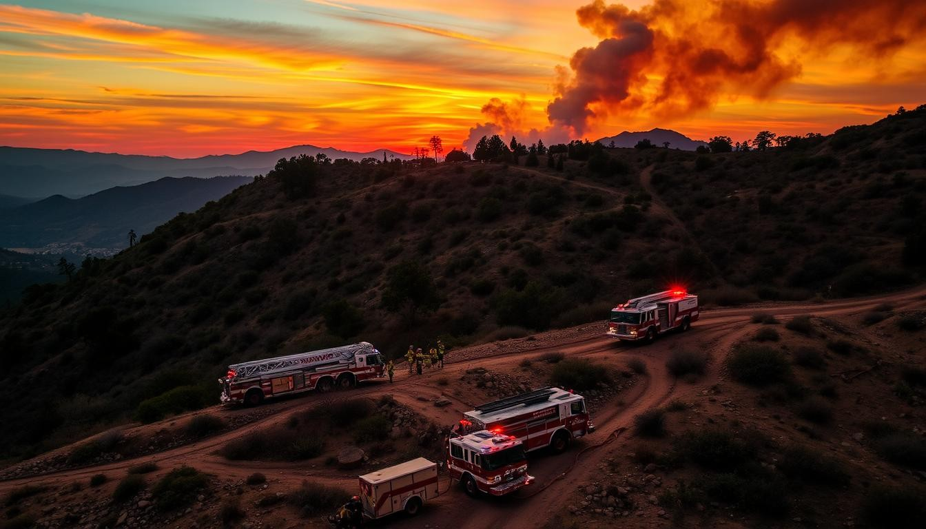 An aerial view of a bustling Los Angeles fire department response scene during a wildfire,.
