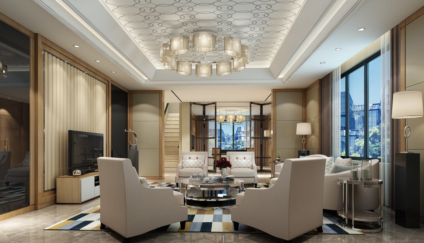 Luxury modern living room with elegant armchairs, a designer chandelier, and contemporary interior decor.