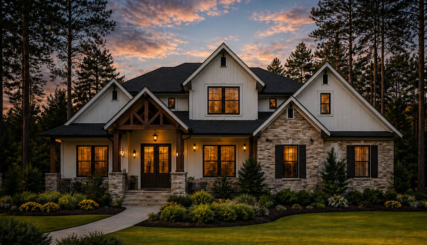Luxury modern farmhouse with stone exterior and warm lighting at sunset.