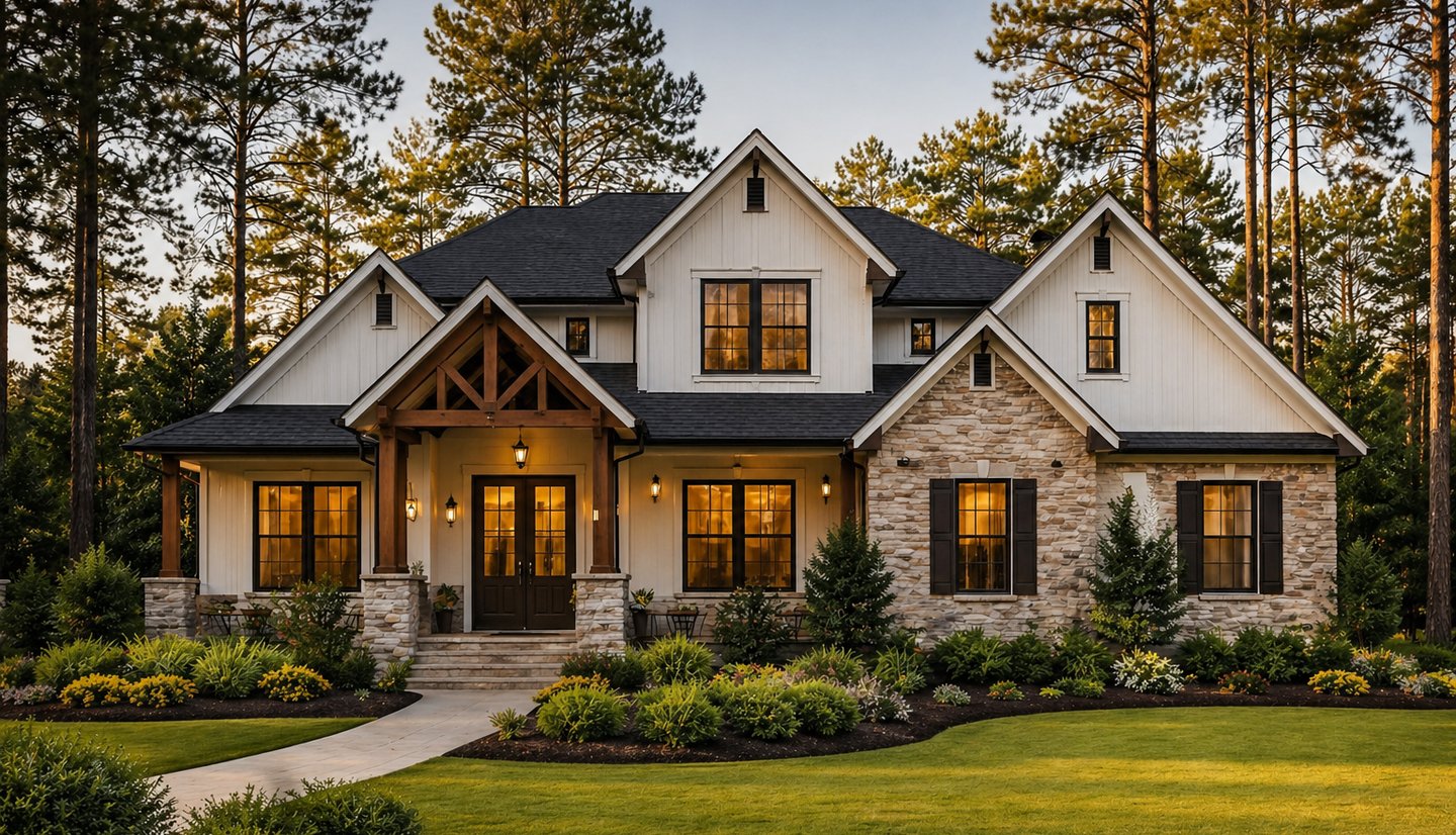 Modern white farmhouse with stone accents and a timber gabled porch nestled in a forest setting.