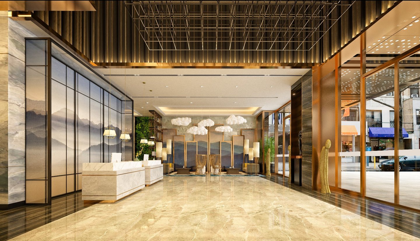 Modern luxury hotel lobby featuring marble floors, gold accents, and cloud-shaped pendant lights.