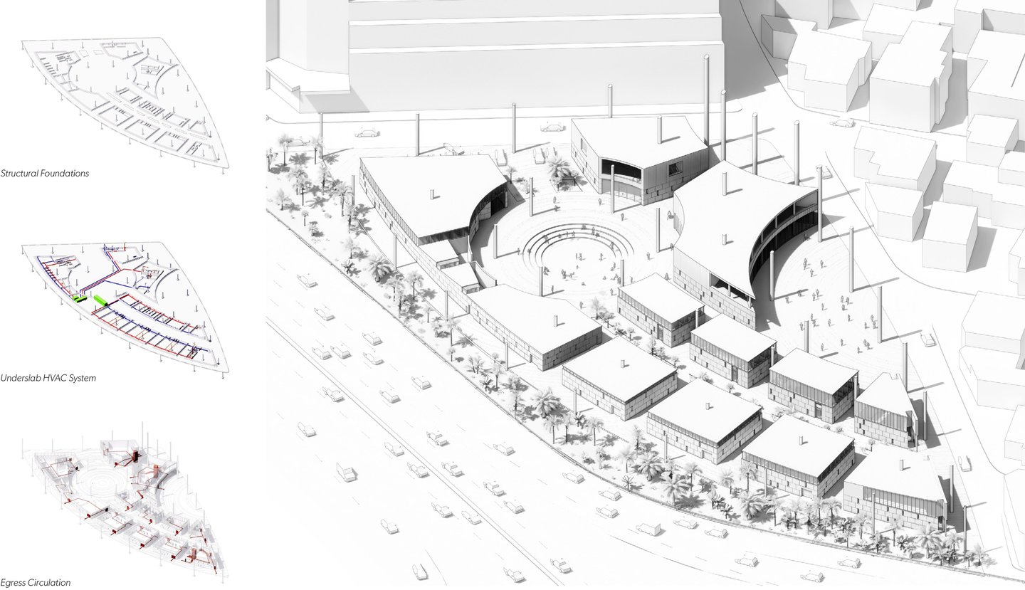 An axonometric drawing of a building