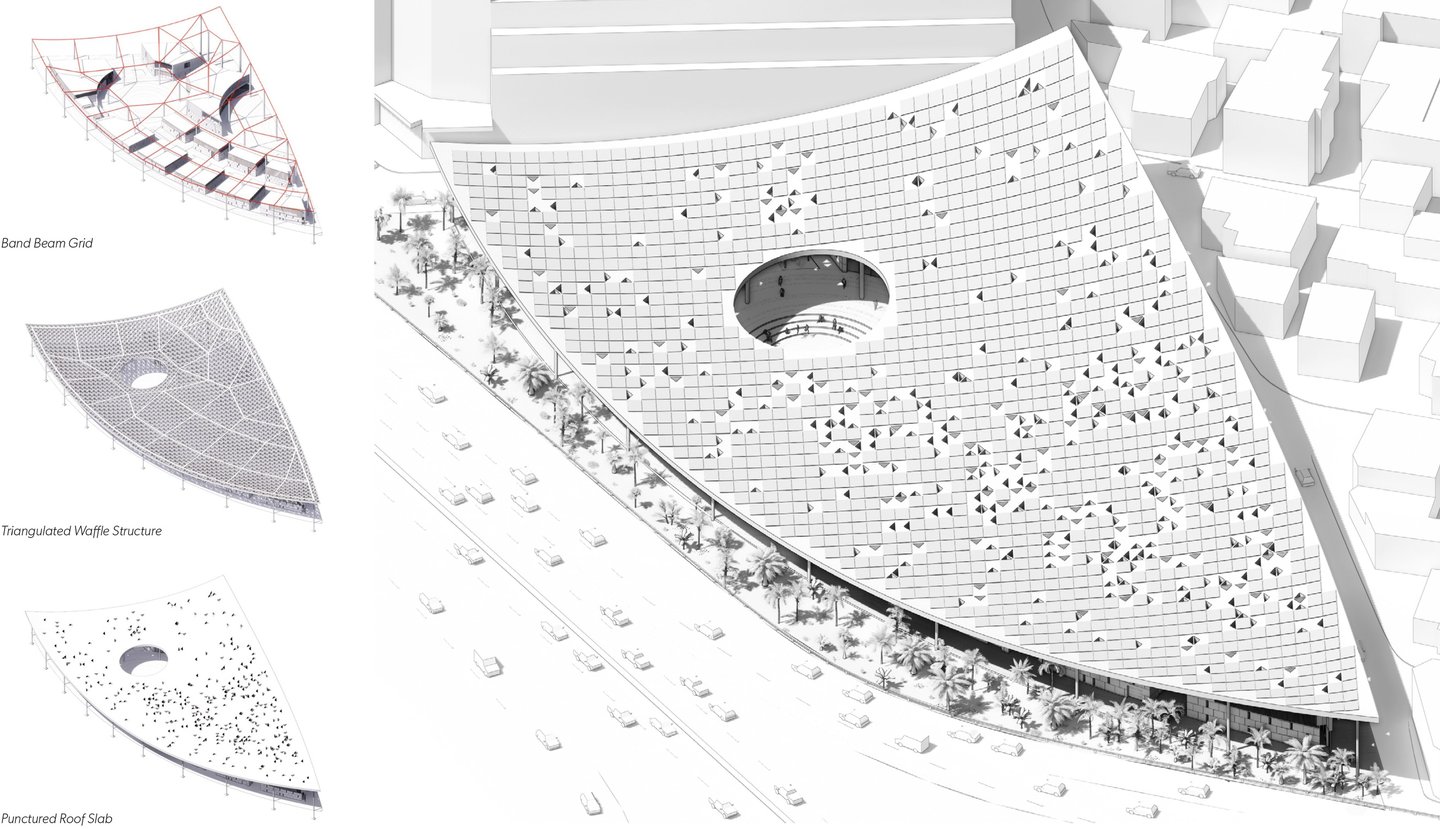 An axonometric drawing of a solar panel covered roof