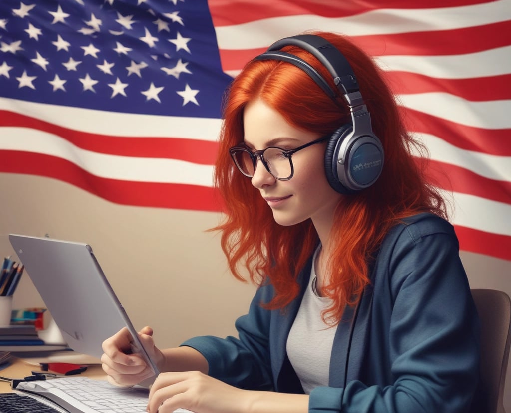 A focused Brazilian student practicing English shadowing with headphones and a bilingual book.