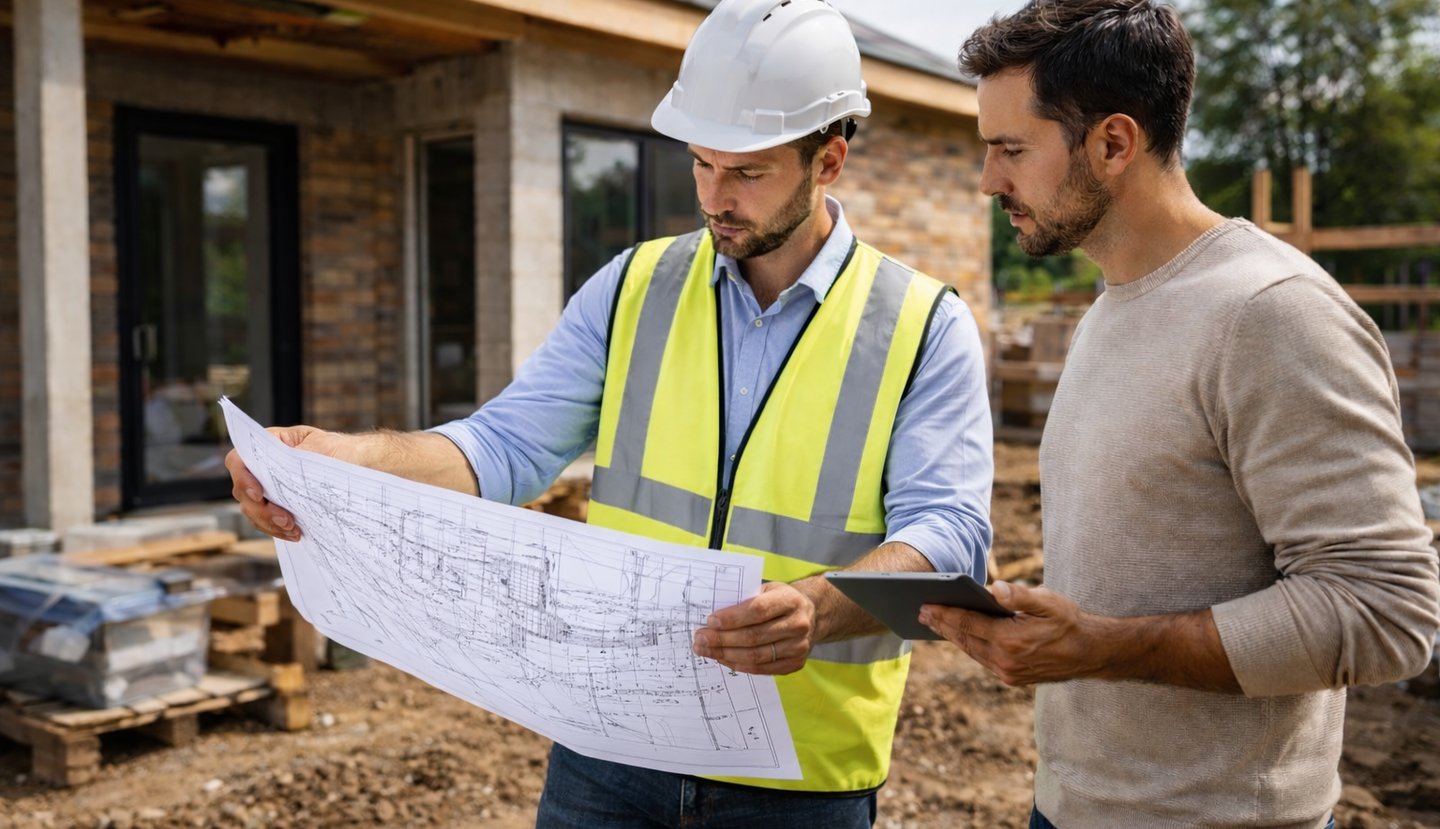 engenheiro orientando proprietário durante acompanhamento técnico de obra residencial
