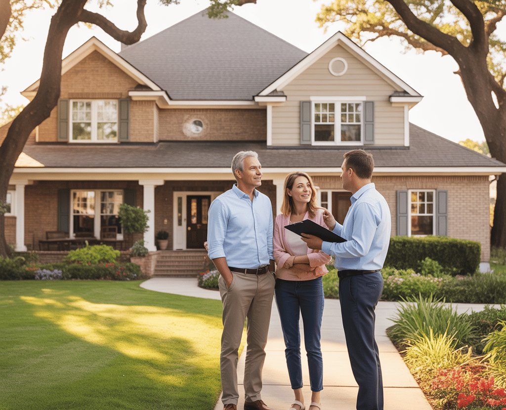 Homeowners discussing home insurance coverage outside their house.