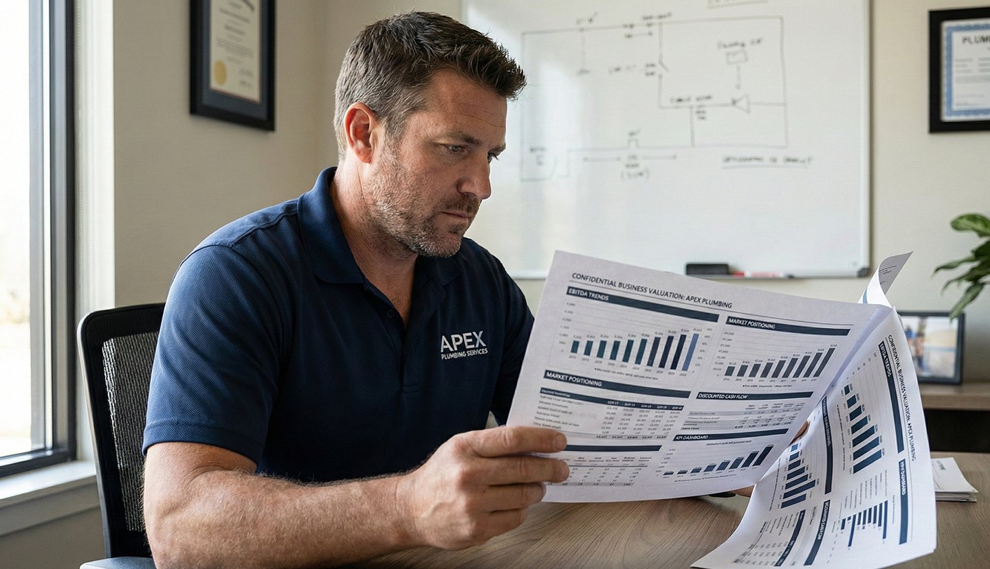 Plumbing contractor reviewing a detailed business valuation report with financial analytics and charts in a modern office.