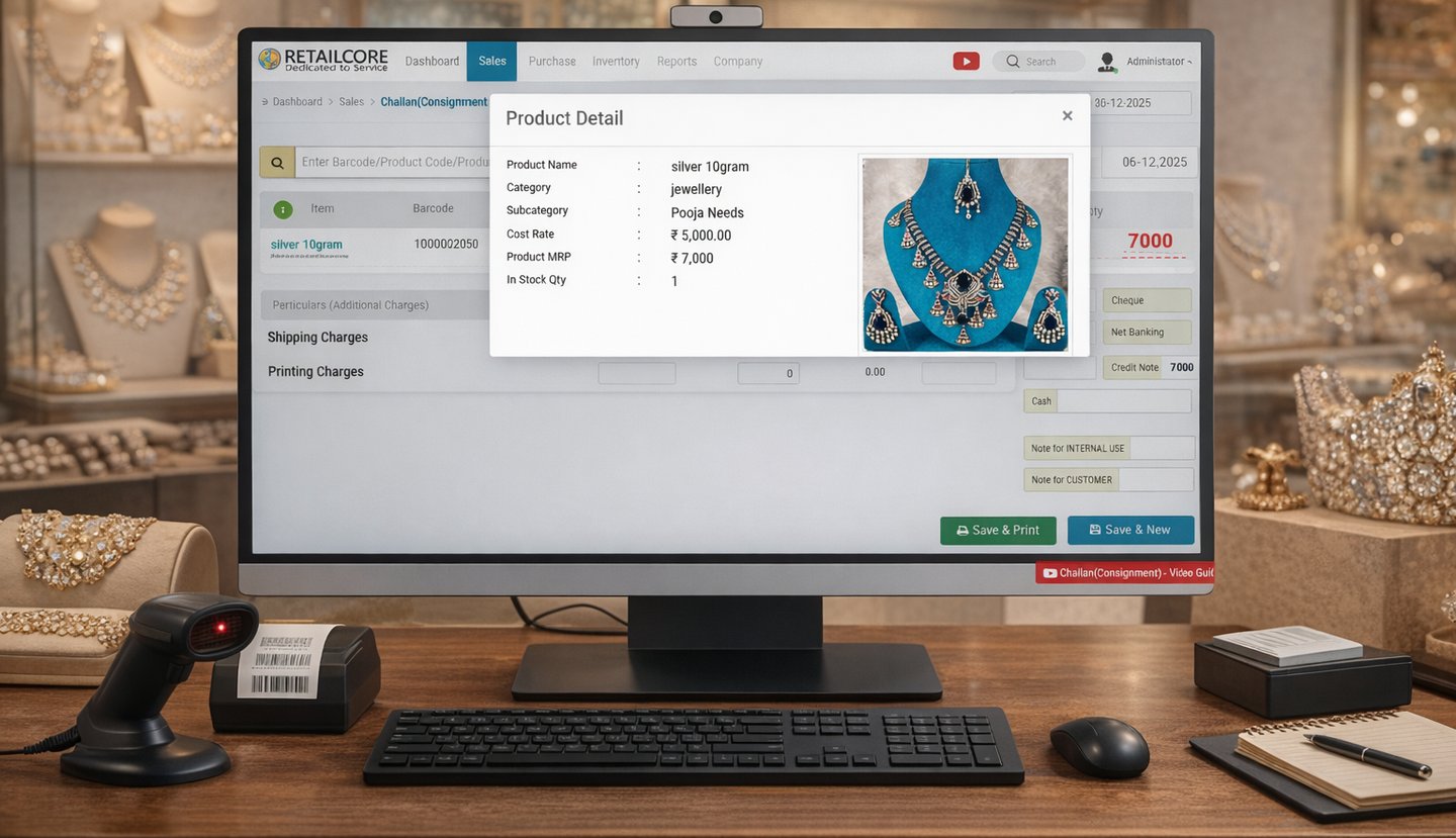 Computer screen showing RetailCore Billing Software used at fashion and imitation jewellery store