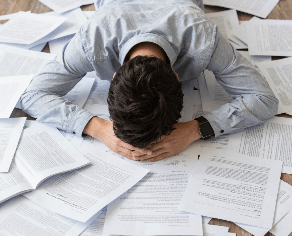 A fustrated entrepreneur burying his face in a mess of spreadsheeets