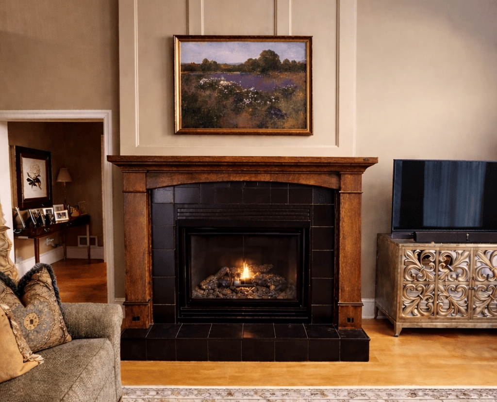 Custom stained wood fireplace mantel in Monmouth County NJ