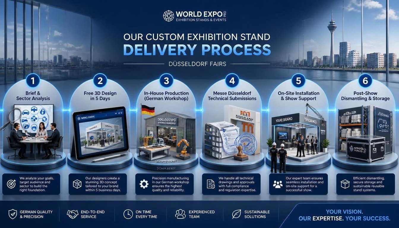 3D flowchart showing World Expo Pro's 6-step custom exhibition stand delivery process for Düsseldorf trade fairs