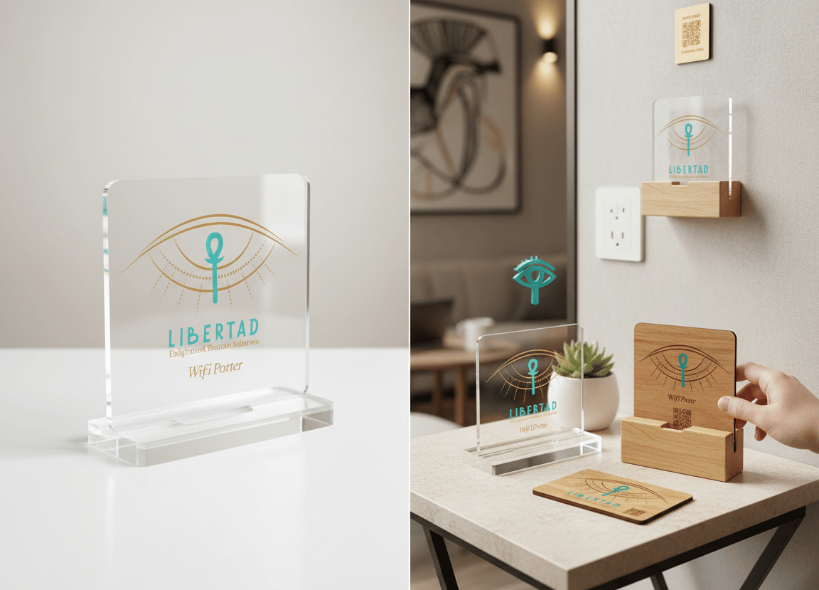 Custom acrylic and wooden Wi-Fi porter stands with branded logo for hotel guest connectivity.