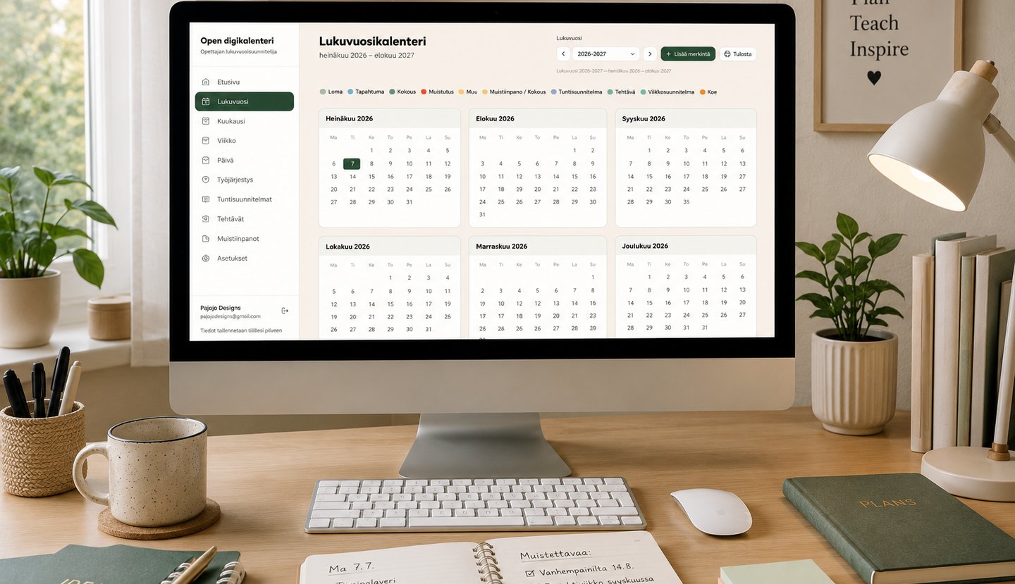 Opettajan digitaalinen lukuvuosisuunnittelija ja kalenteri.