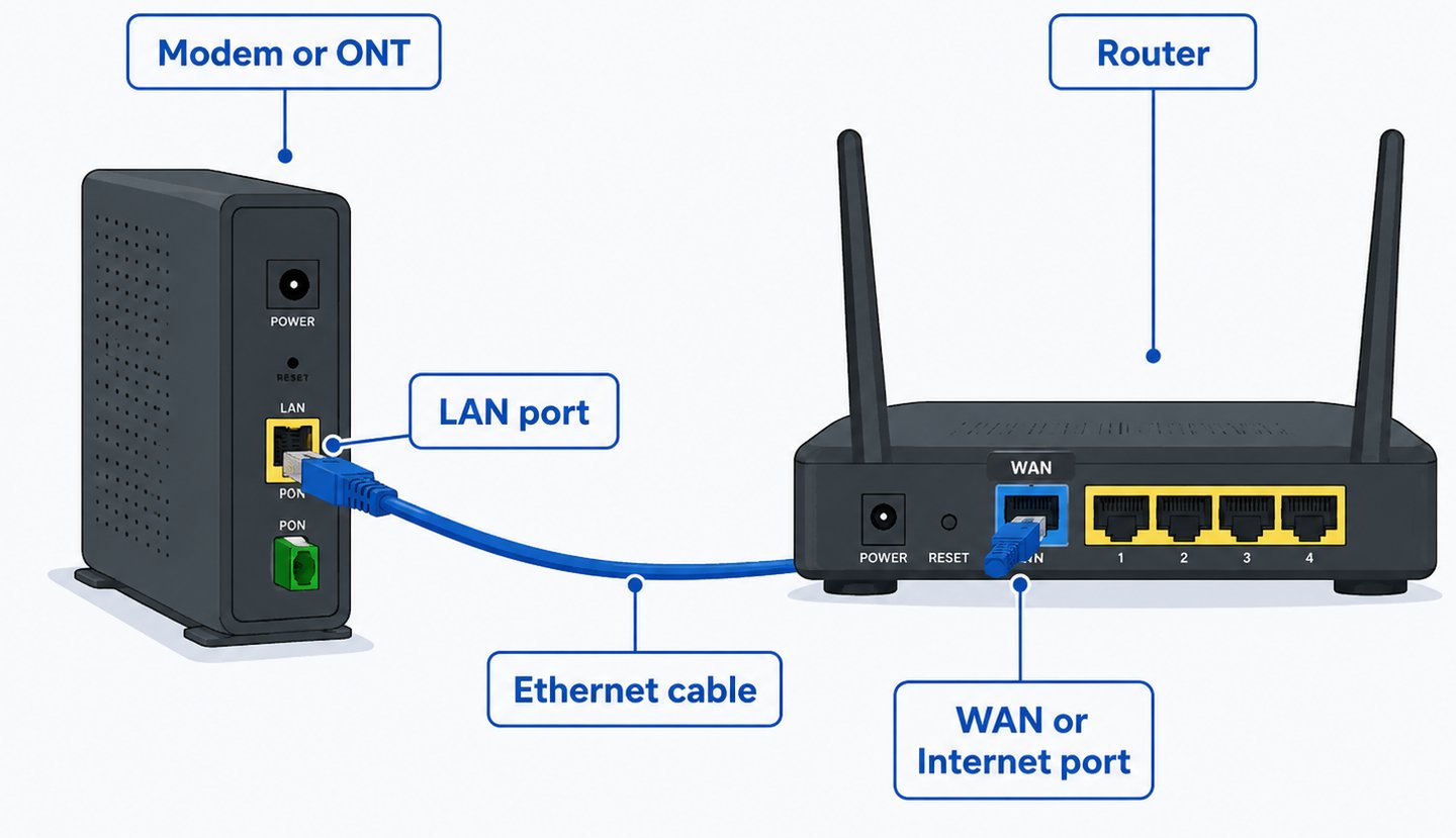 Diagram showing a modem or ONT LAN port connected by Ethernet cable to the router WAN or Internet port.