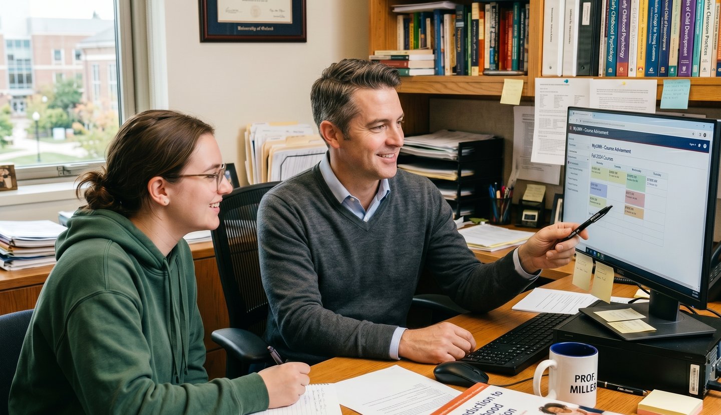 Advisor with student going over course registration on the computer.