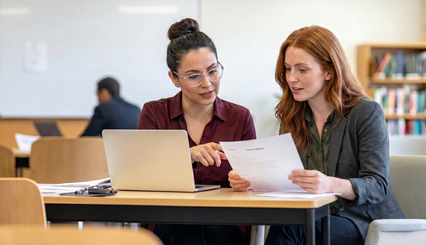 Illustration of two professionals reviewing course materials and evaluation documents.