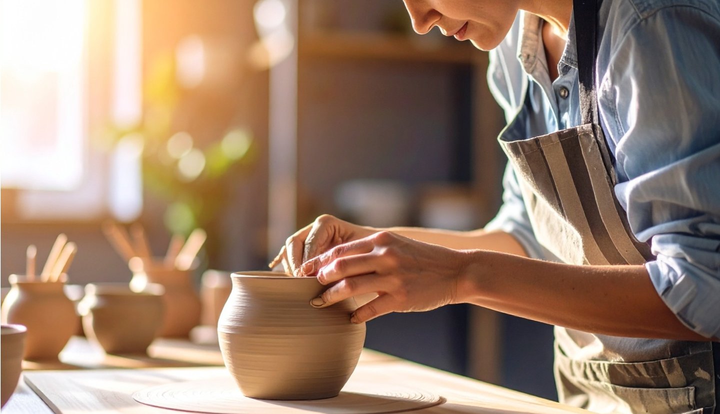 Potter working on a clay pot with their hands.