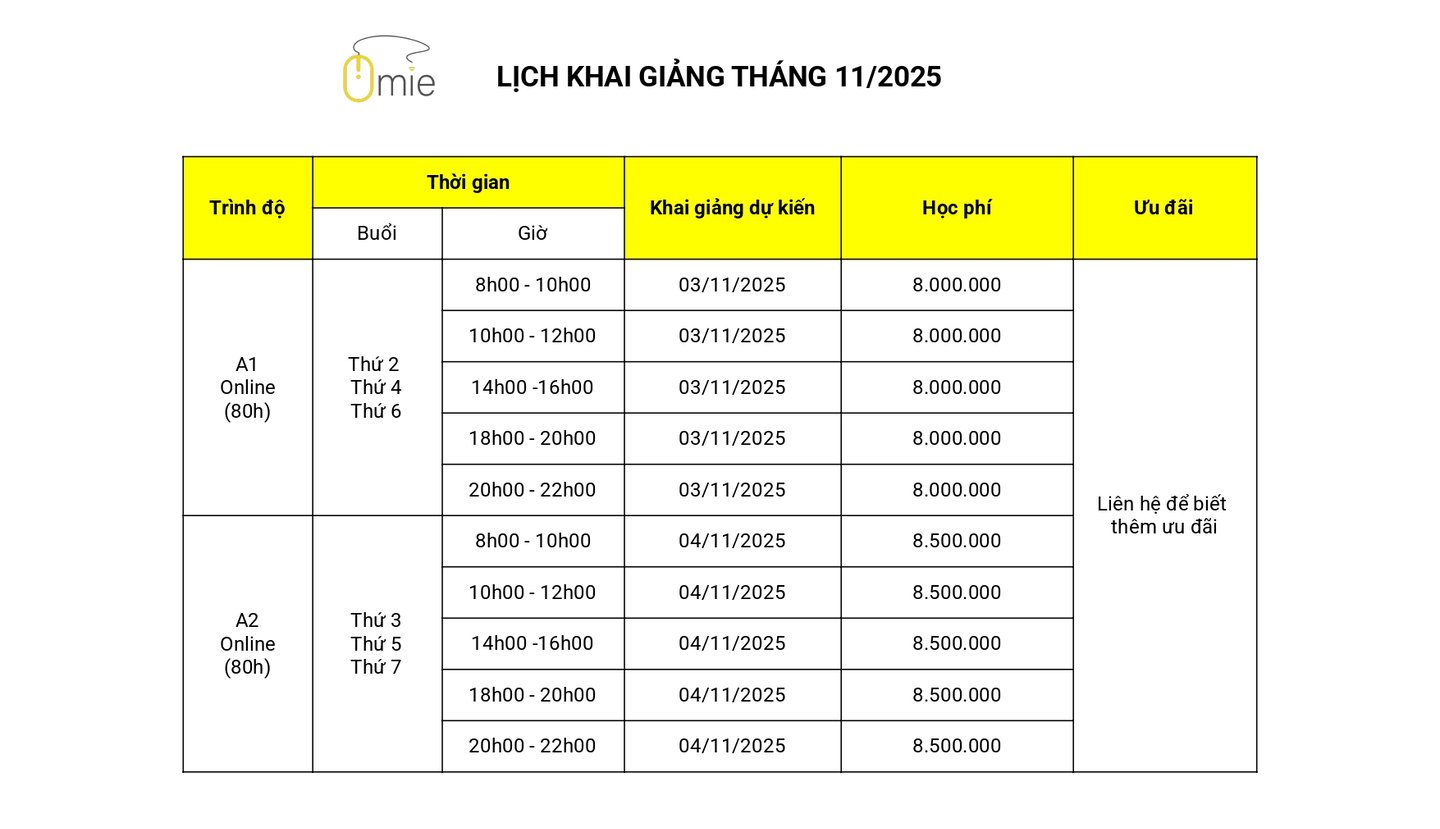 Lịch khai giảng A1, A2