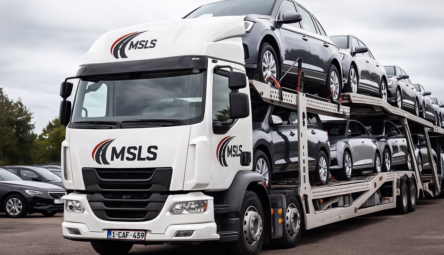 Large MSLS branded car transporter truck hauling a full load of new cars.