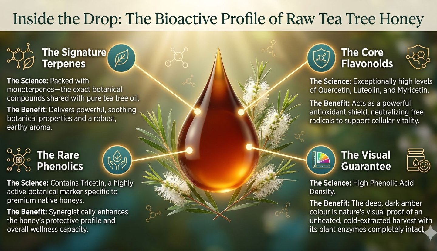 Infographic showing the bioactive profile of raw tea tree honey, detailing terpenes, flavonoids, and phenolics.