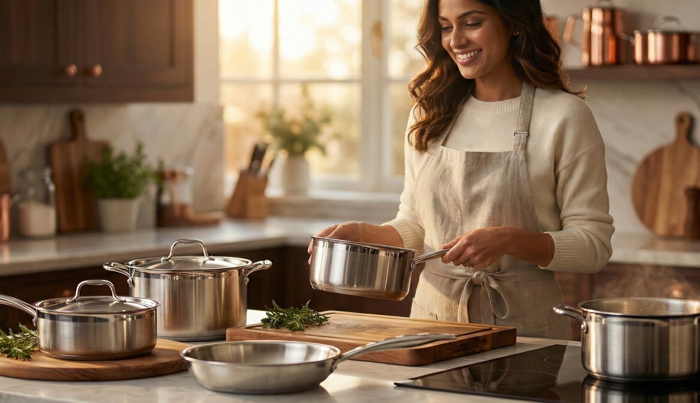 a woman in a white apron is smiling and holding a potted potted with