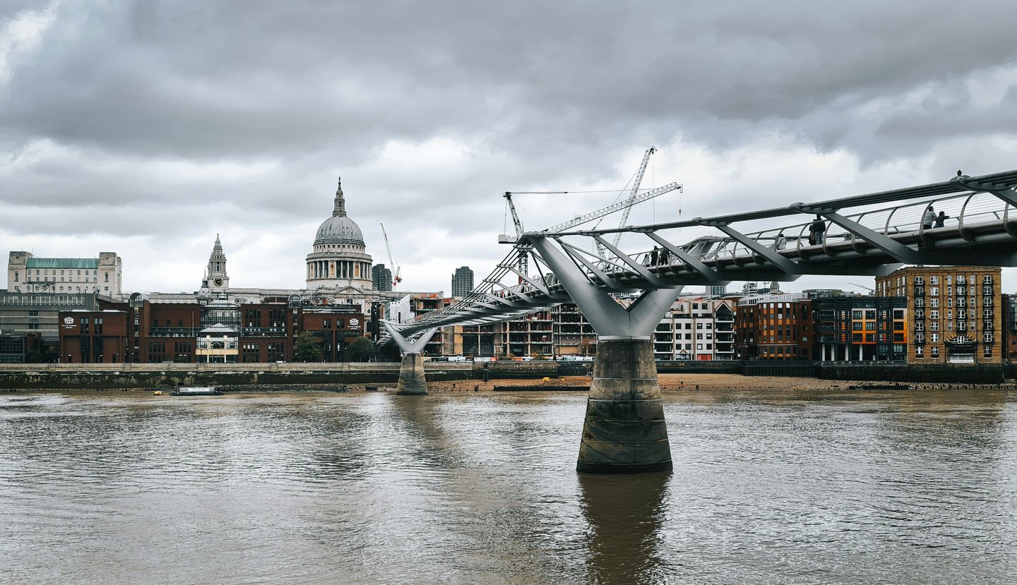 South Bank riverside along Thames with St Paul's Cathedral dome visible London
